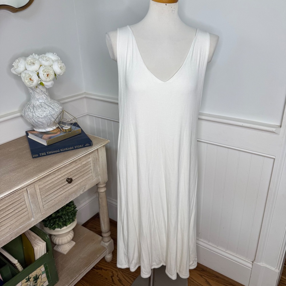 Cozy Earth Bamboo Ribbed V-Neck Midi Tank Dress Ivory White Large